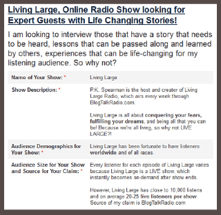 An example of a radio show seeking guests on RadioGuestList.com
