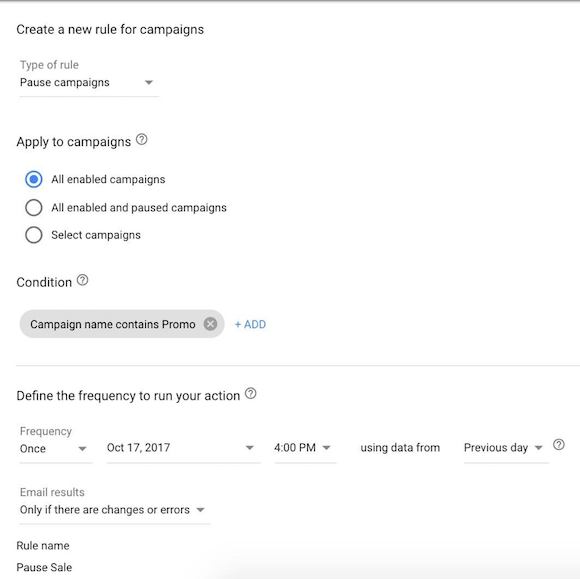 Интерфейс автоматизированных правил AdWords