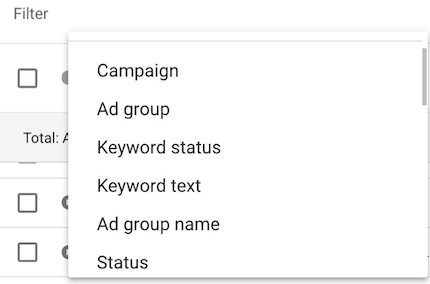 Параметры фильтра AdWords