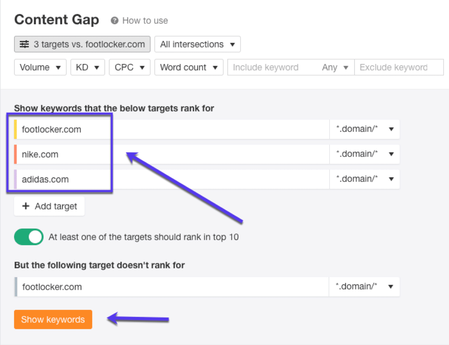 Используйте инструмент Ahrefs Content Gap для поиска ключевых слов для таргетинга