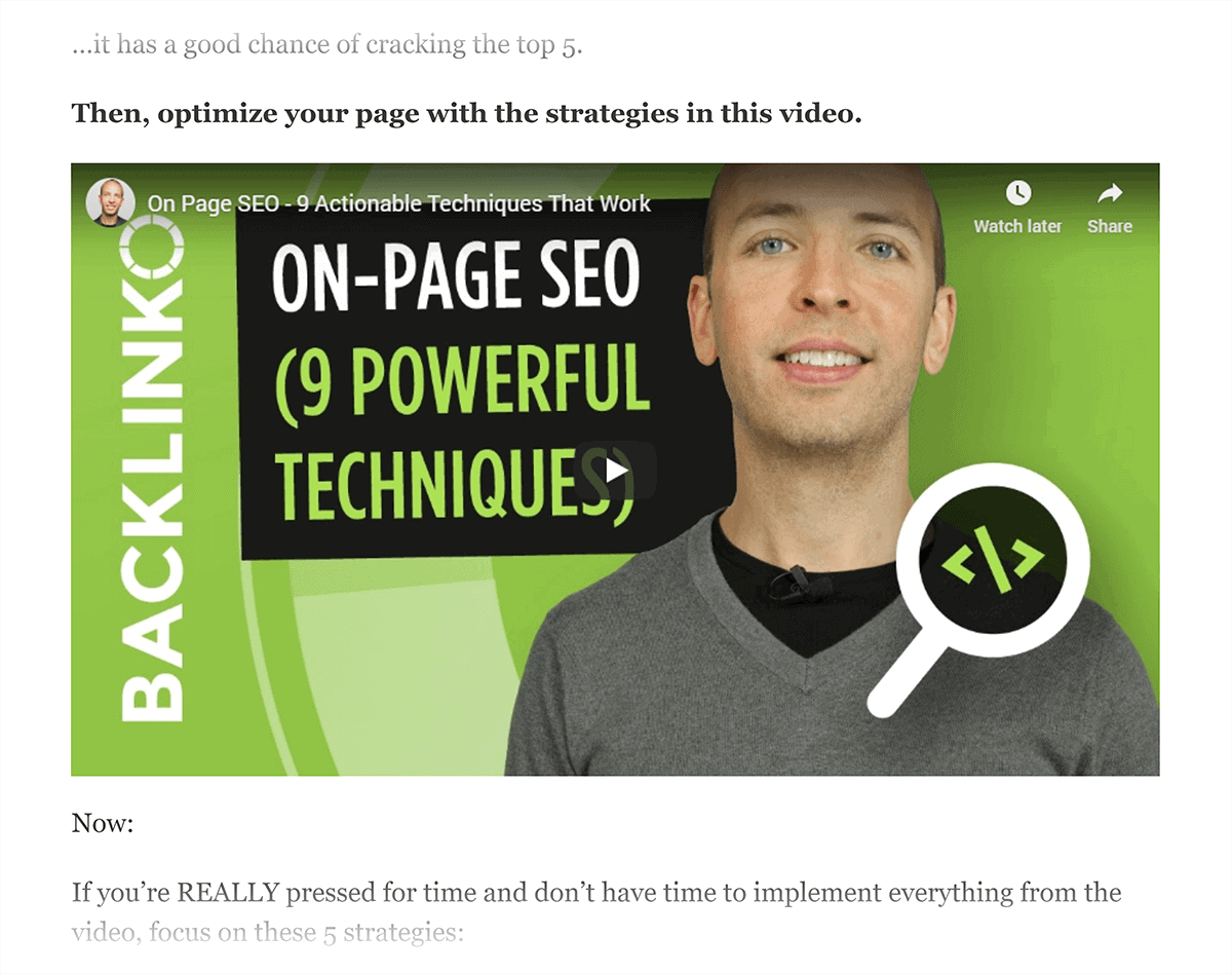 Backlinko YouTube video embed on SEO Site Audit post