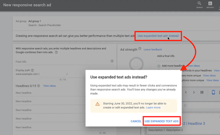 best marketing strategies for 2022 - expanded text ad creation screen in google ads