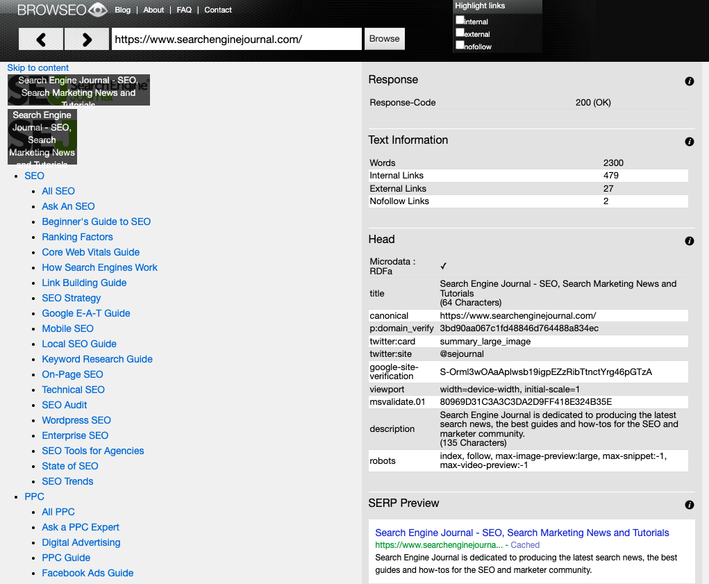 BROWSEO для сайта SEJ