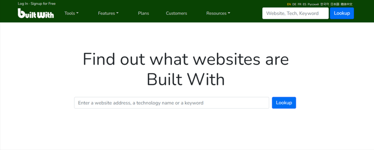 A screenshot of BuiltWith's homepage.