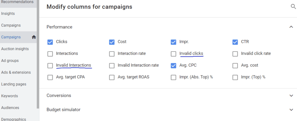 добавление новых параметров эффективности кампаний в Google Ads