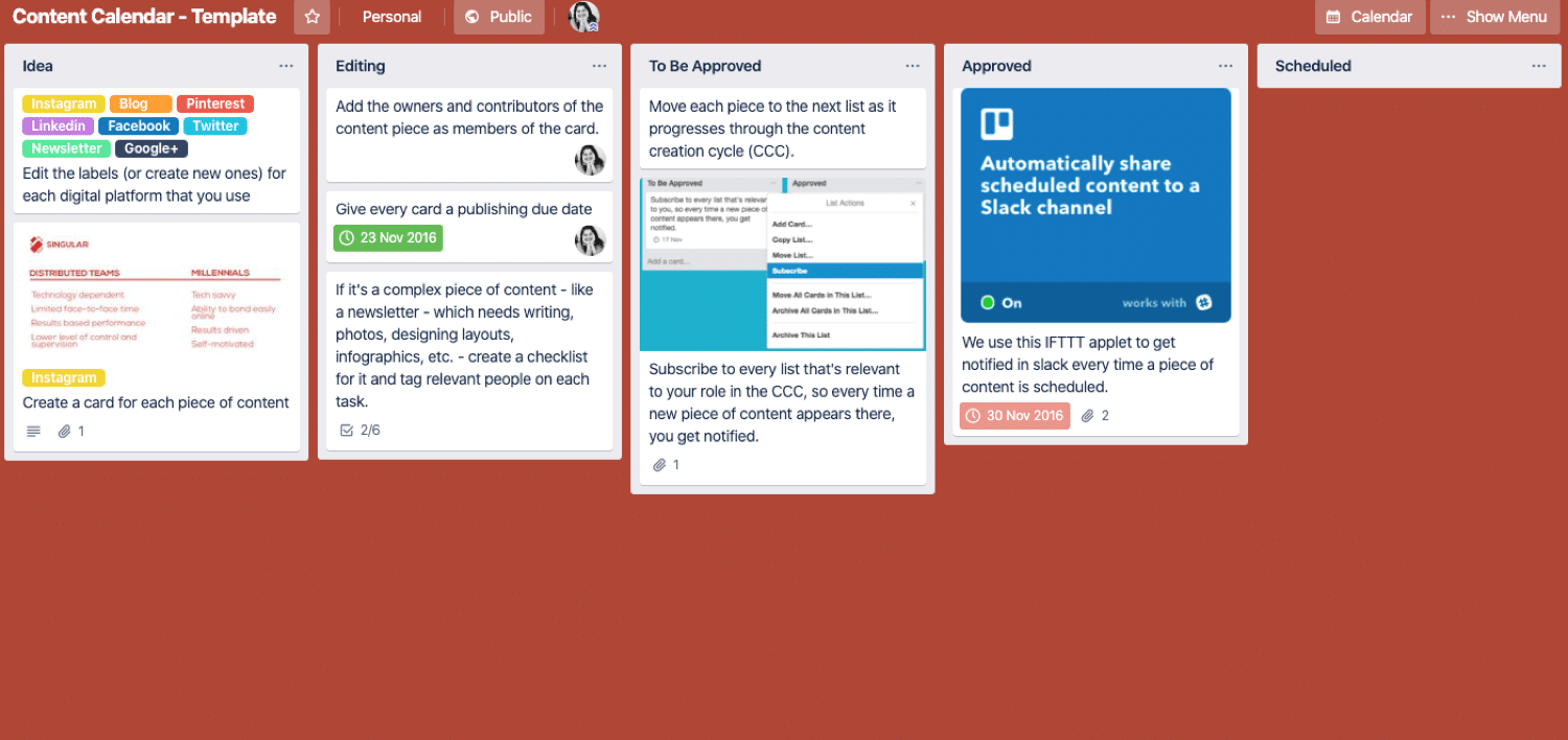 Редакционный календарь Trello board