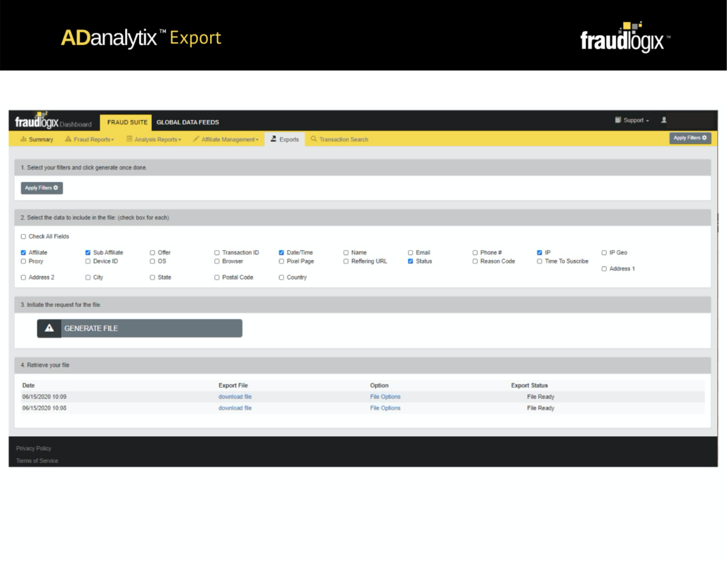 вкладка Exports во Fraudlogix Bot Detection, на которой можно применять фильтры и выбирать экспортируемые данные