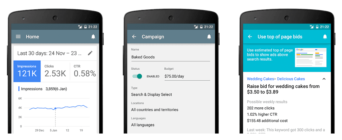 Google Ads для iOS и Android Приложение Google Ads, показанное на смартфоне Android