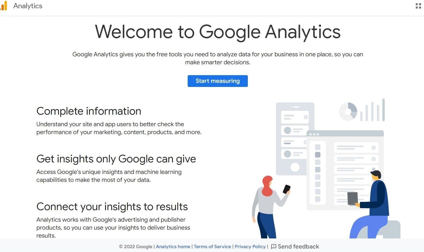 Домашняя страница Google Analytics с категориями "Полная информация", "Получить информацию, которую может предоставить только Google" и "Связать ваши данные с результатами".
