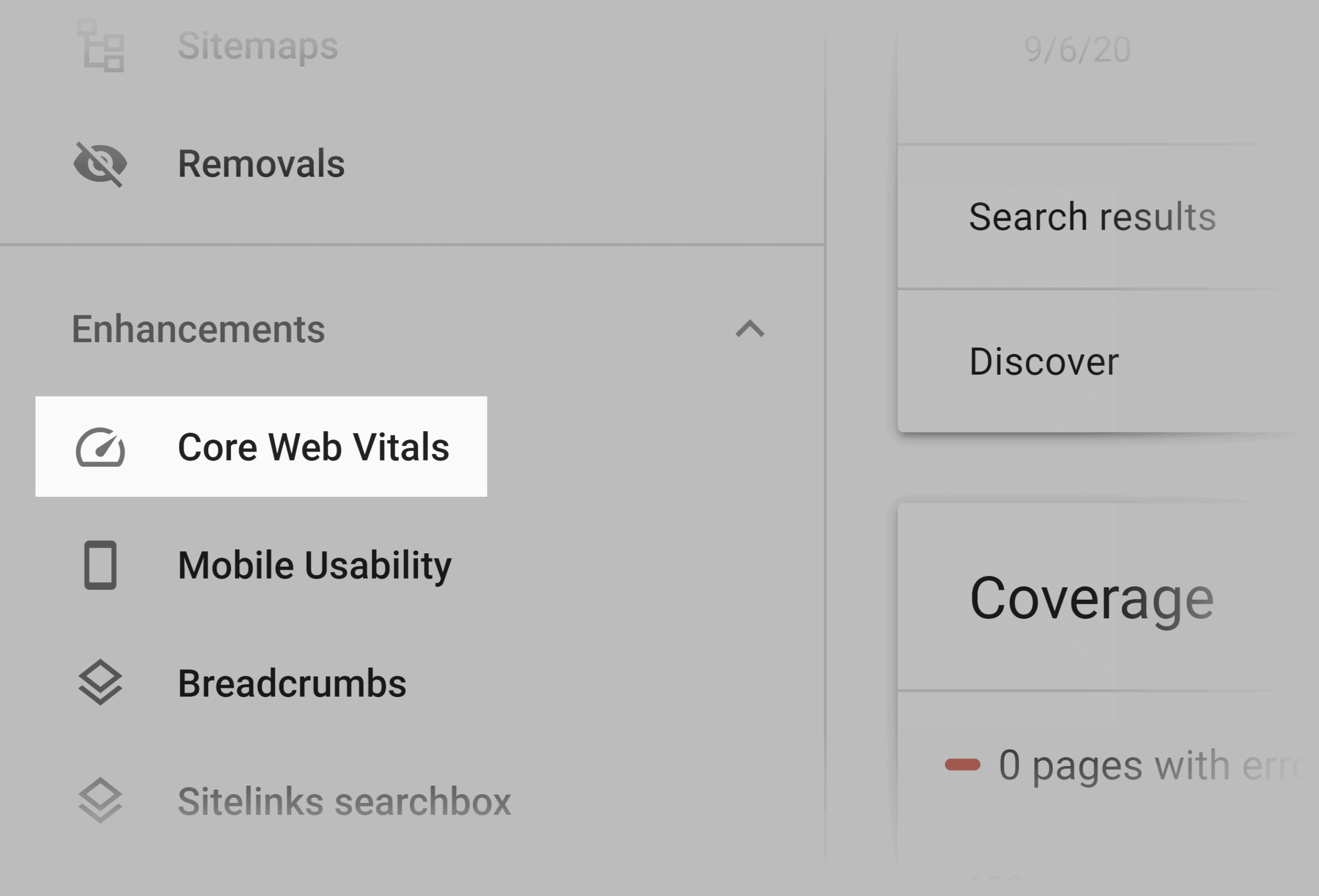 Google Search Console – Core web vitals menu