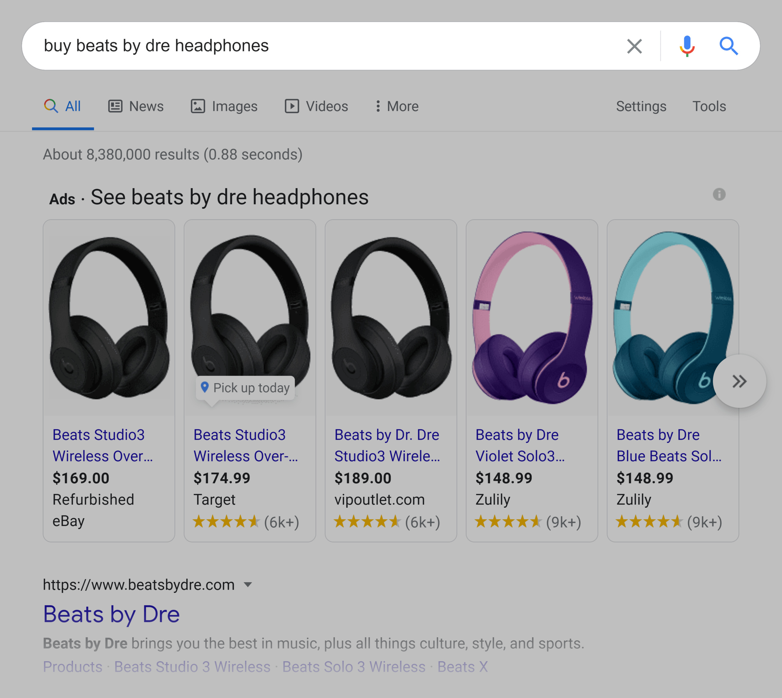 Google SERP – Buy beats by dre headphones