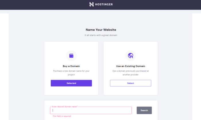 Hostinger setup step for selecting domain