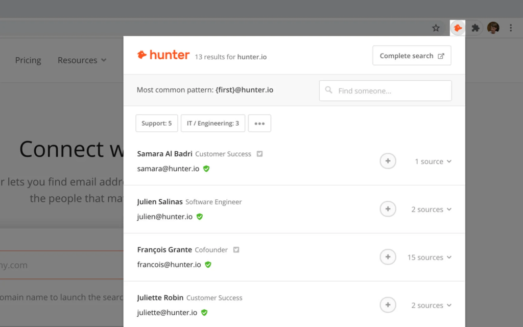 Hunter.io email finder and verifier tool