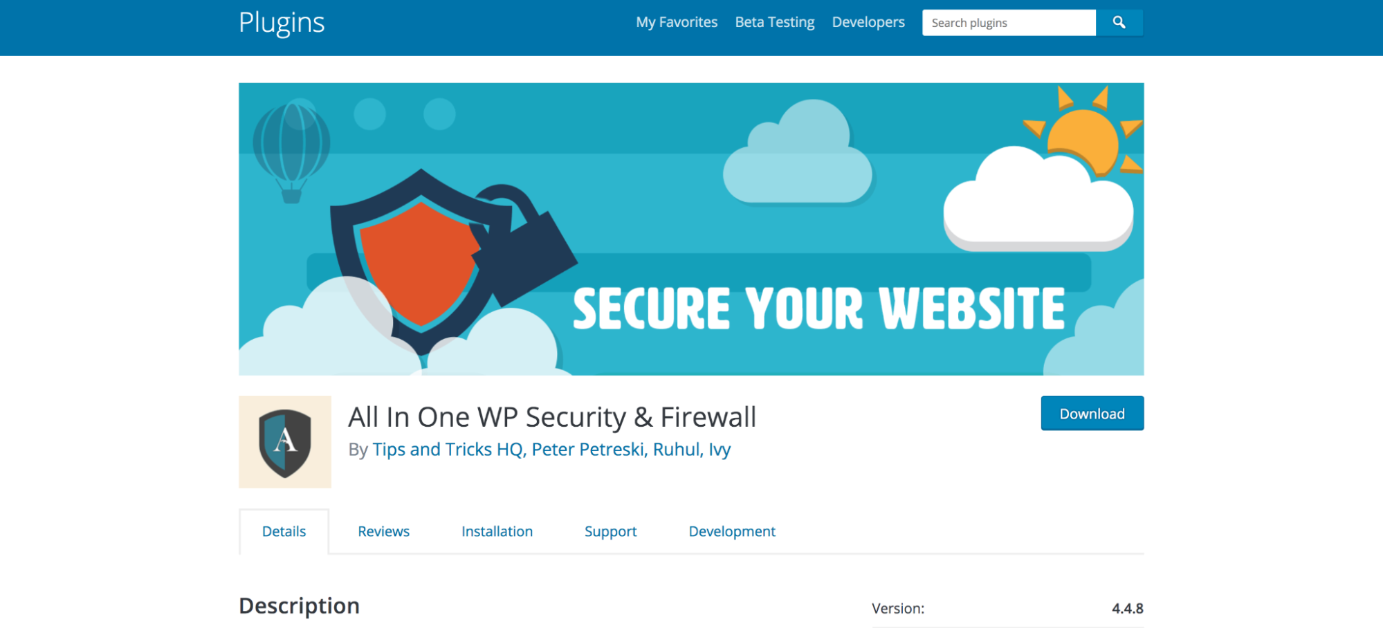 All in One WP Security & Firewall listed in the WordPress repository