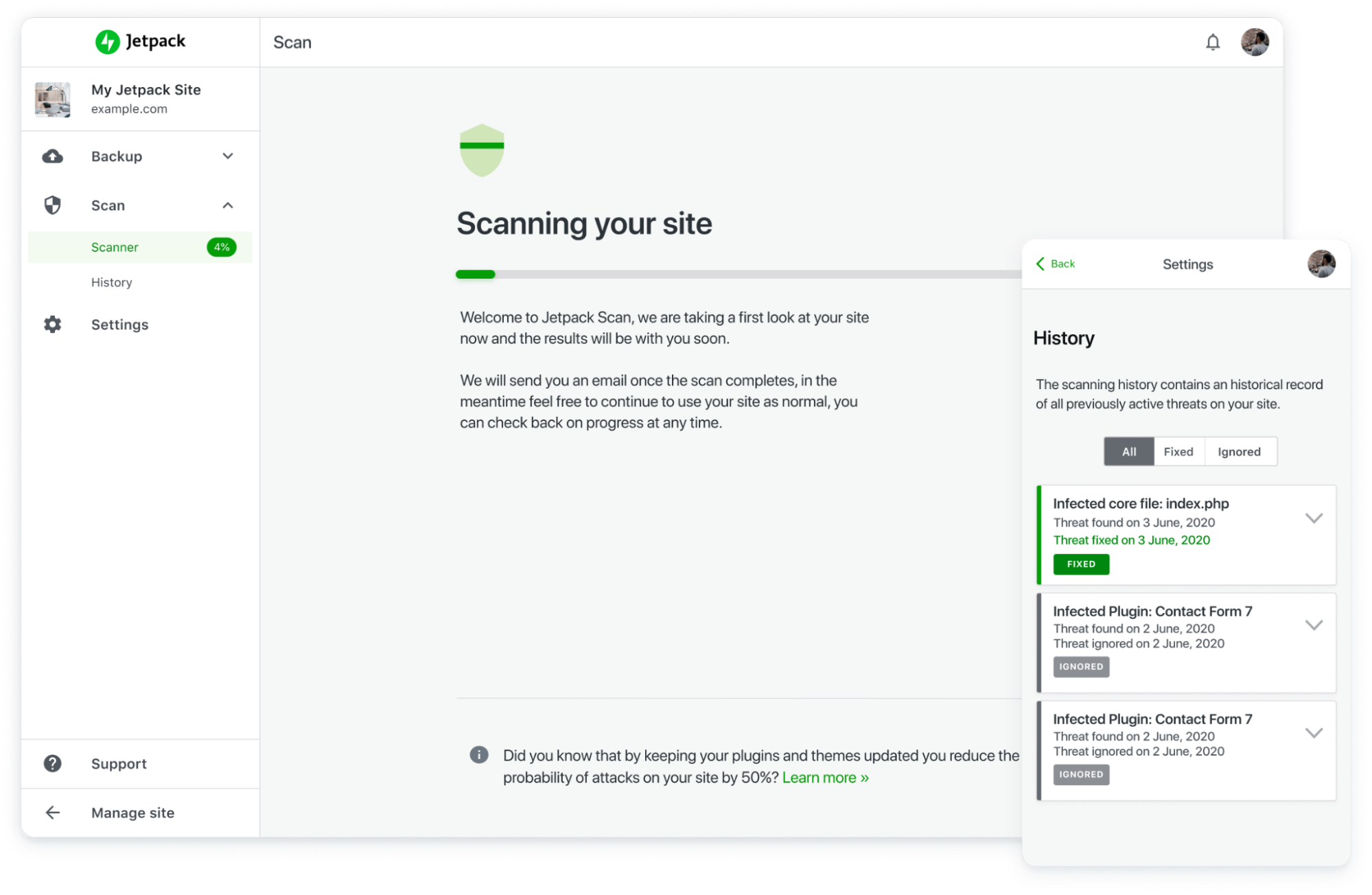 Jetpack Scan running on a website