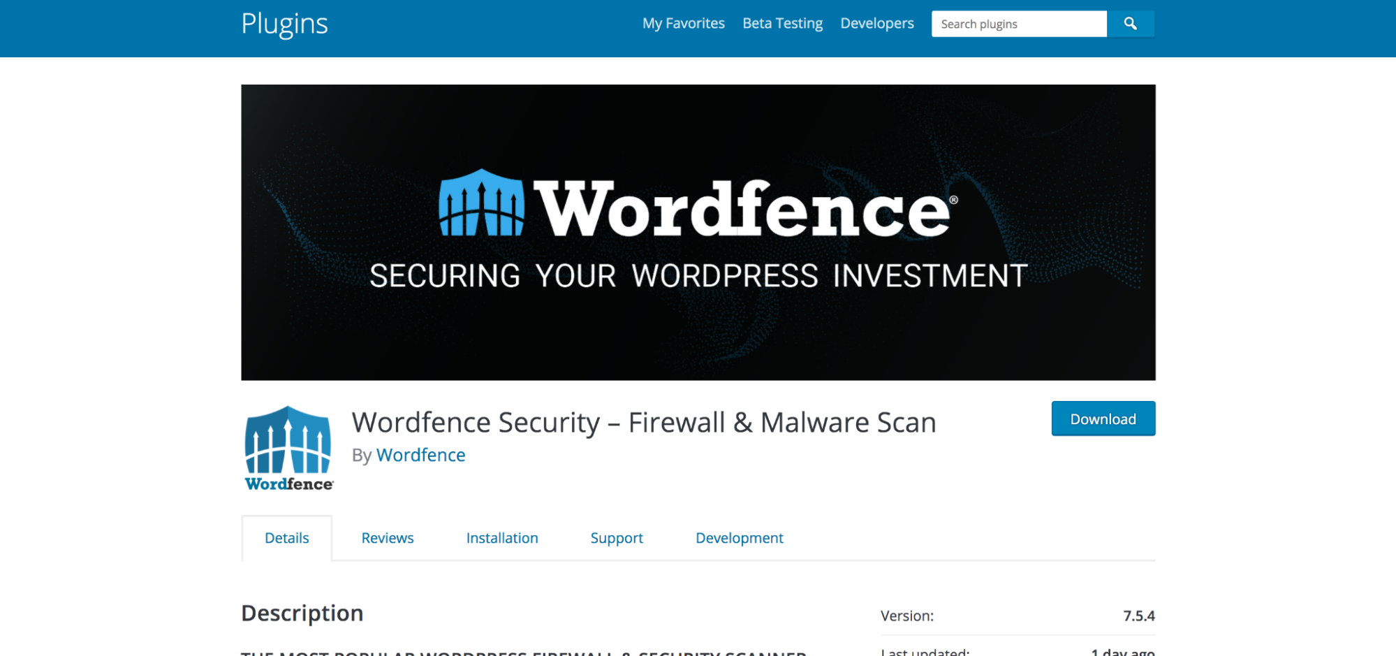 Wordfence plugin listed in the WordPress repository