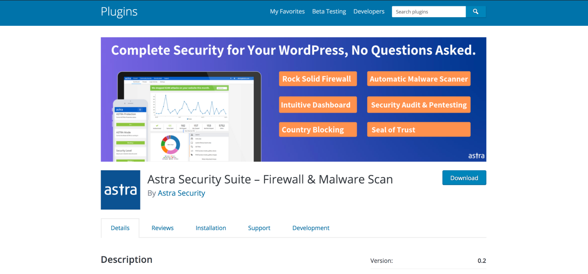 Astra Security page in the WordPress repository
