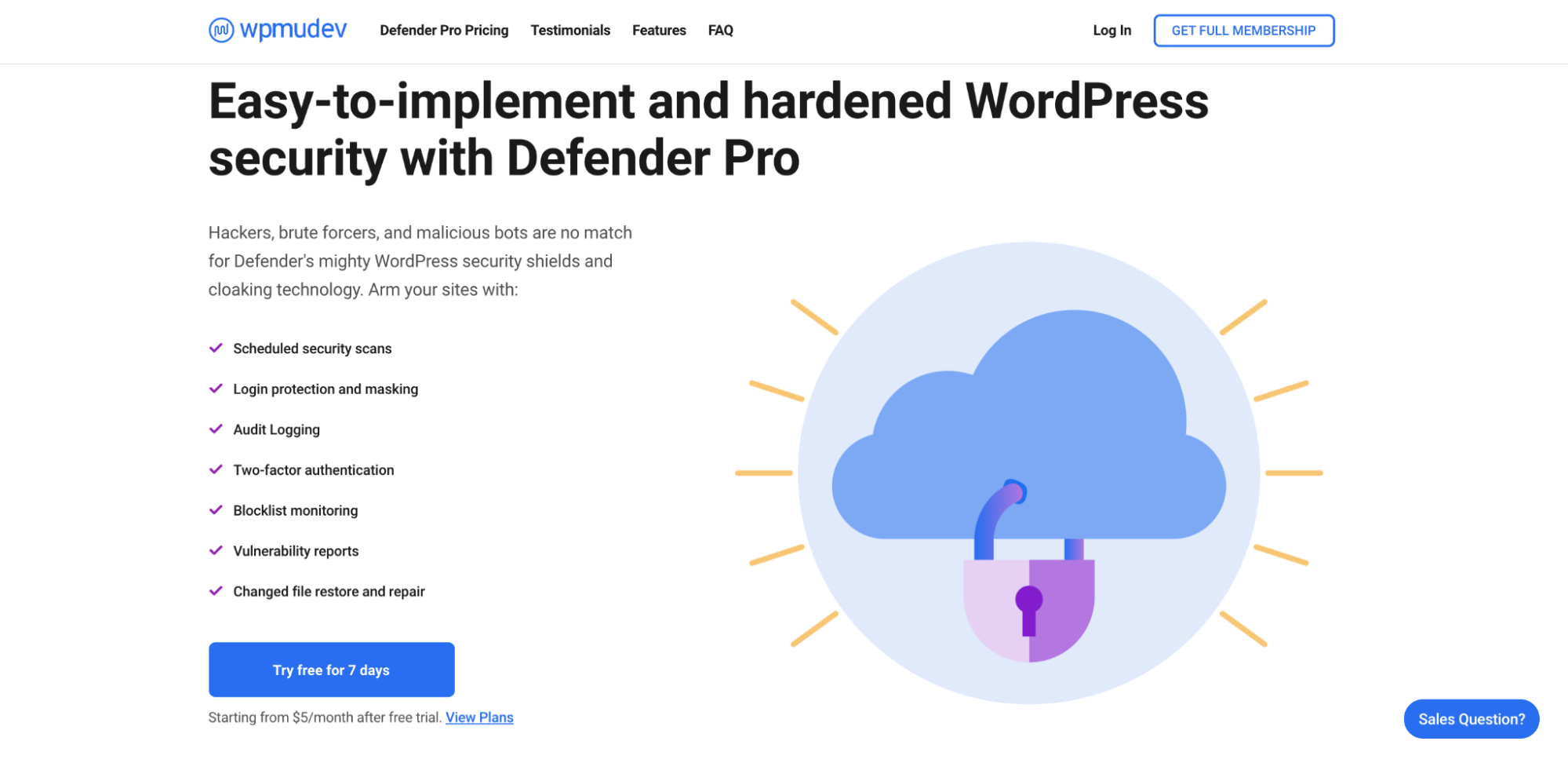 WPMUDev landing page for Defender Pro