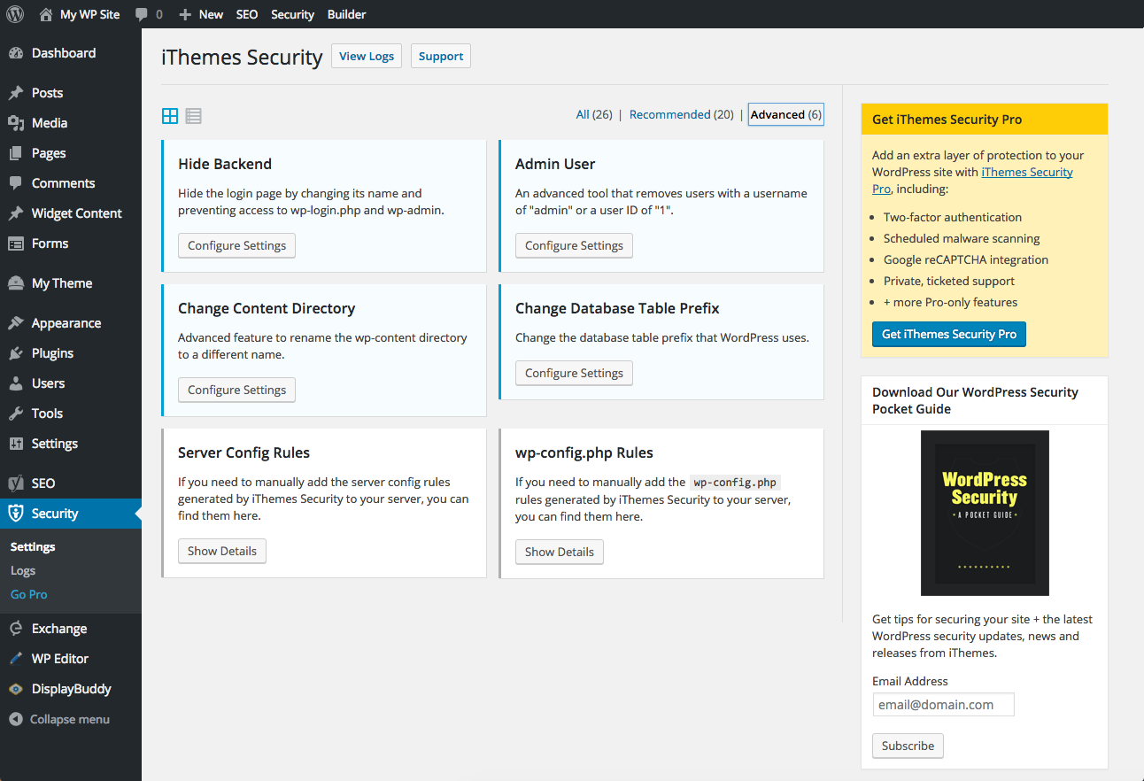 iThemes Security settings dashboard