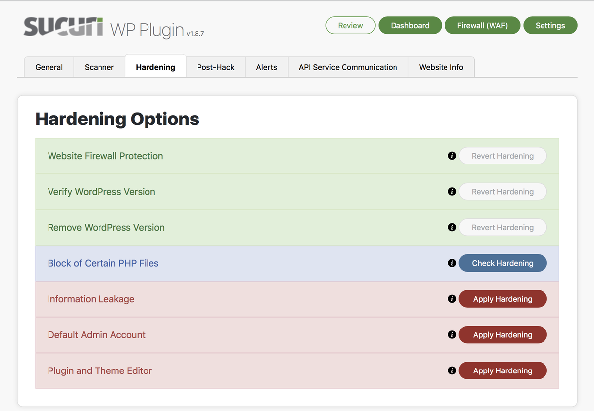 Sucuri hardening options in the WordPress dashboard