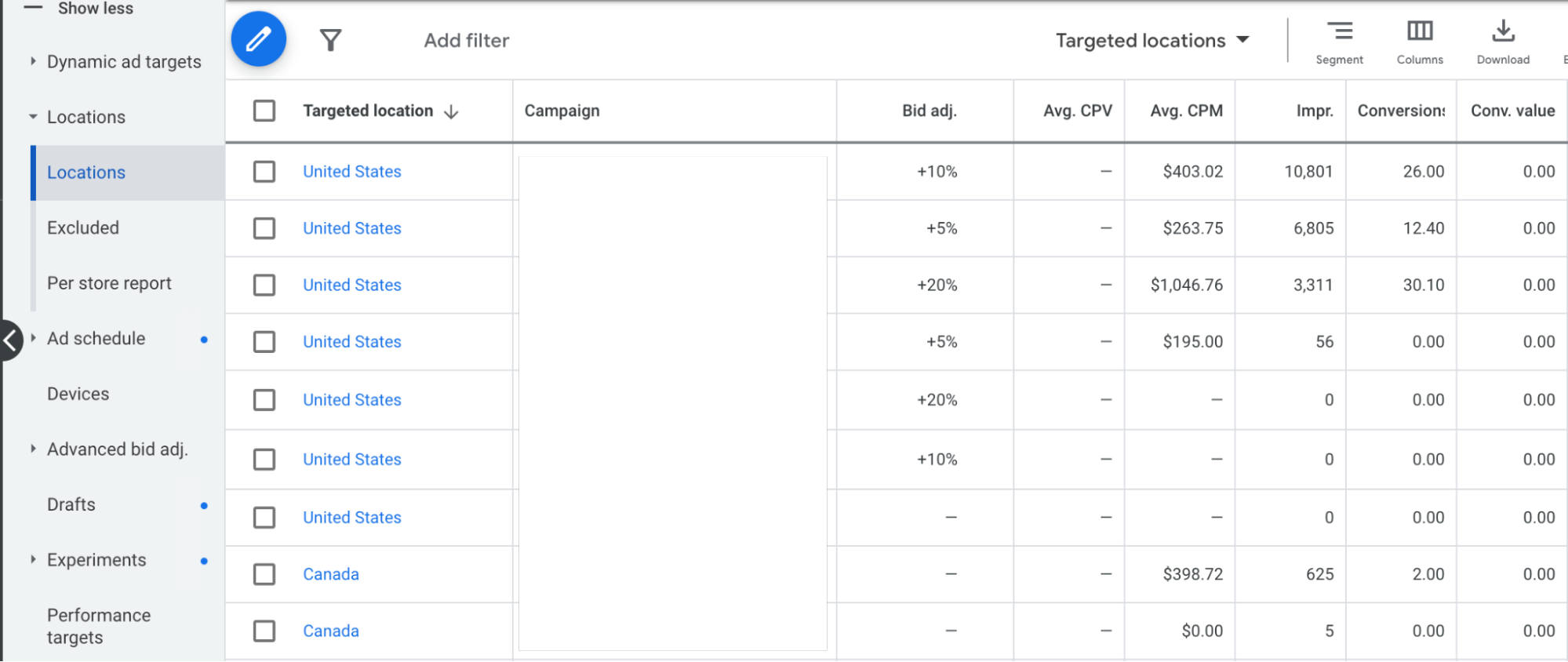 Google Ads locations tab