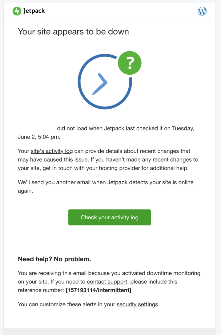 notification from Jetpack that a website is down