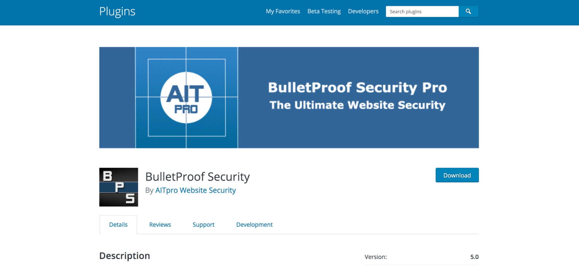 BulletProof Security page in the WordPress repository