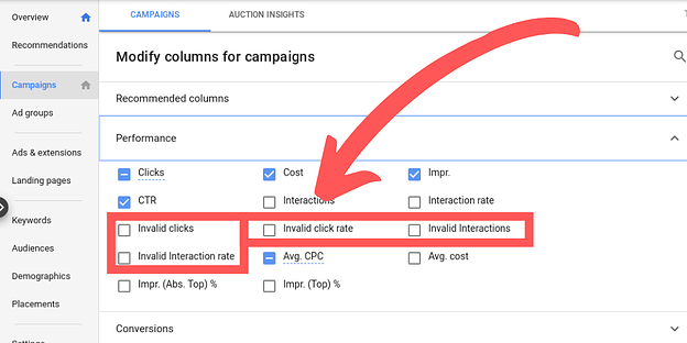изменение столбцов, отображающих данные по маркетинговой кампании в Google Ads