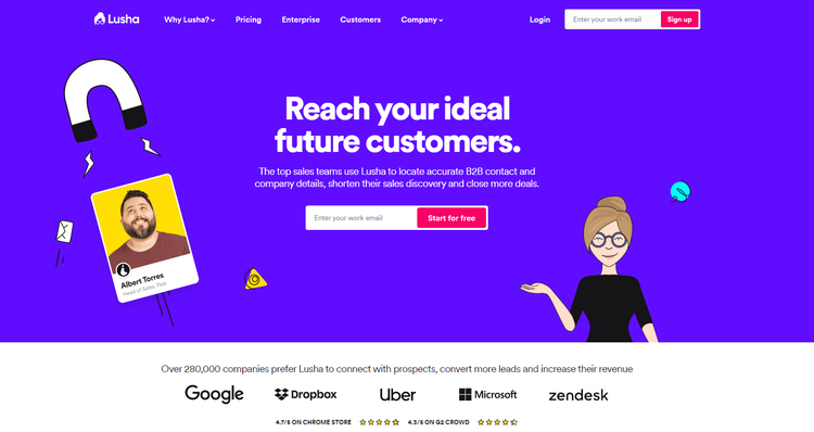 A screenshot of Lusha's homepage.