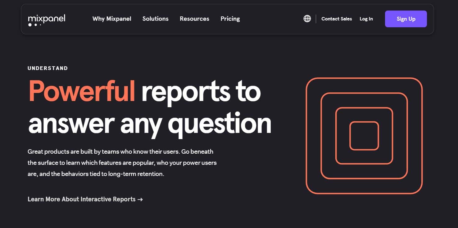 Домашняя страница Mixpanel со слоганом "Мощные отчеты для ответа на любой вопрос".