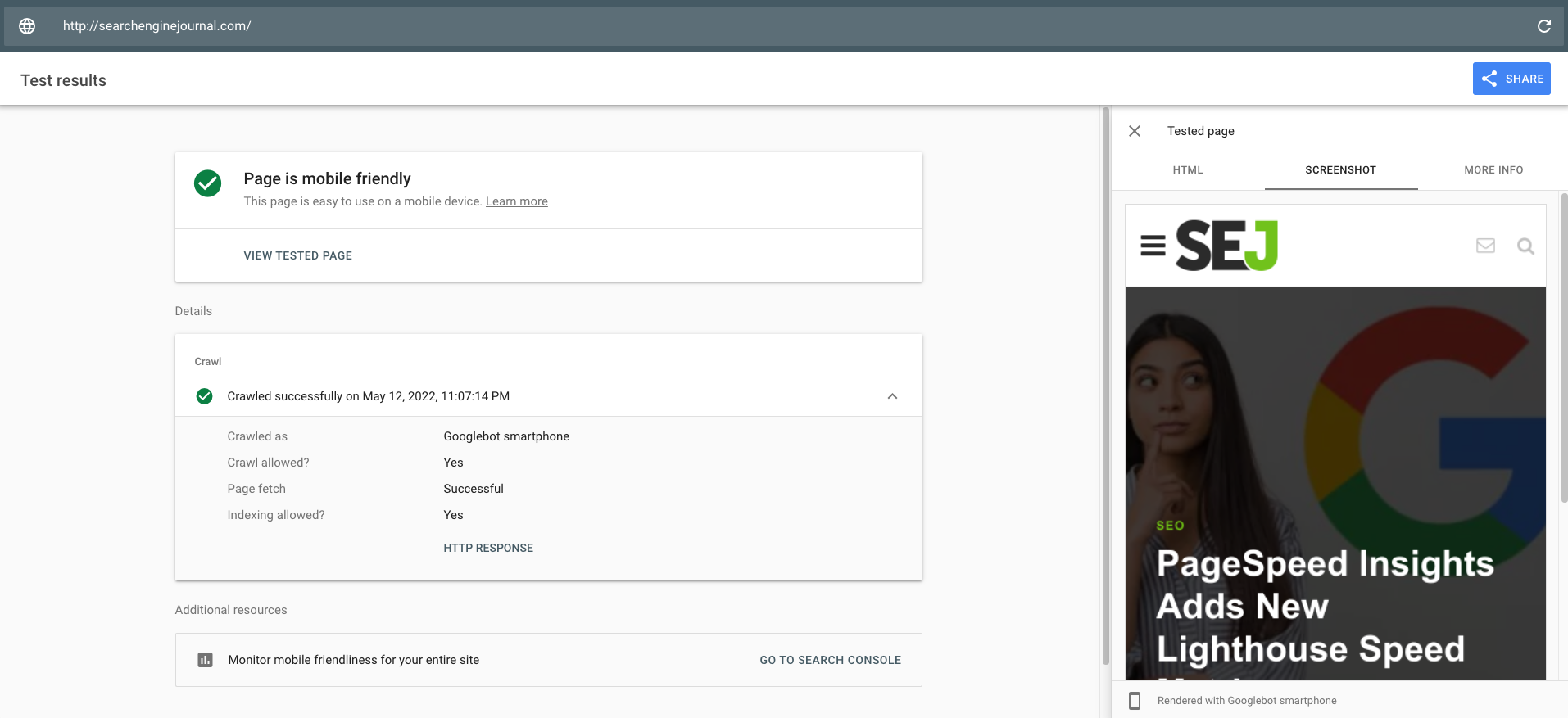 Мобильный тест для сайта SEJ.