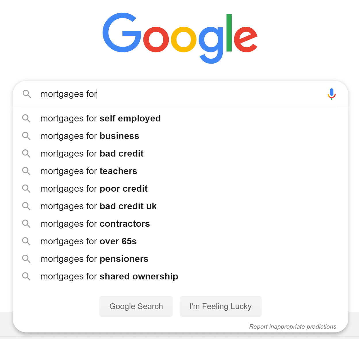 Прогнозный поиск Google для "ипотеки для" Google predicitive search показывает предложения по ключевым словам, которые ипотечный брокер может использовать в Google Ads
