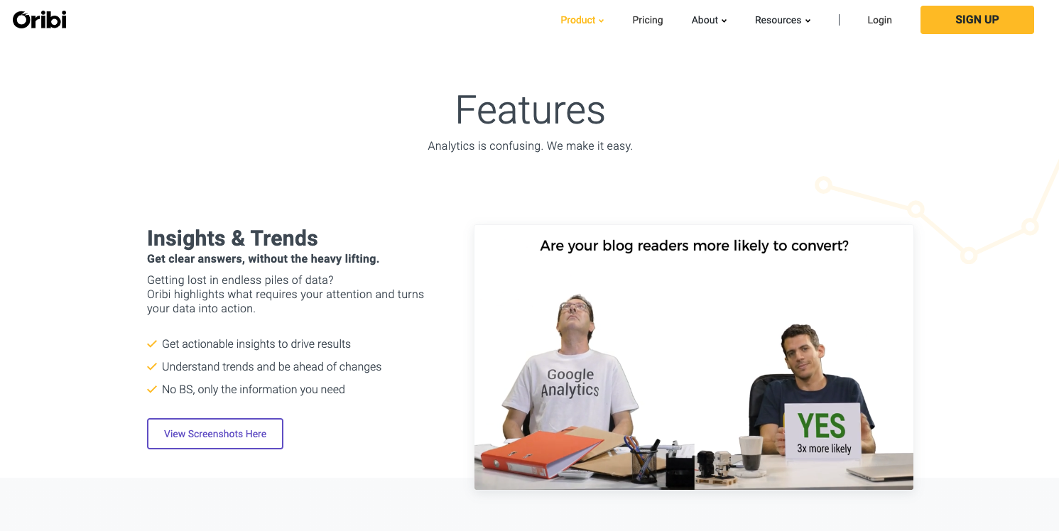 Screenshot of the Oribi features page