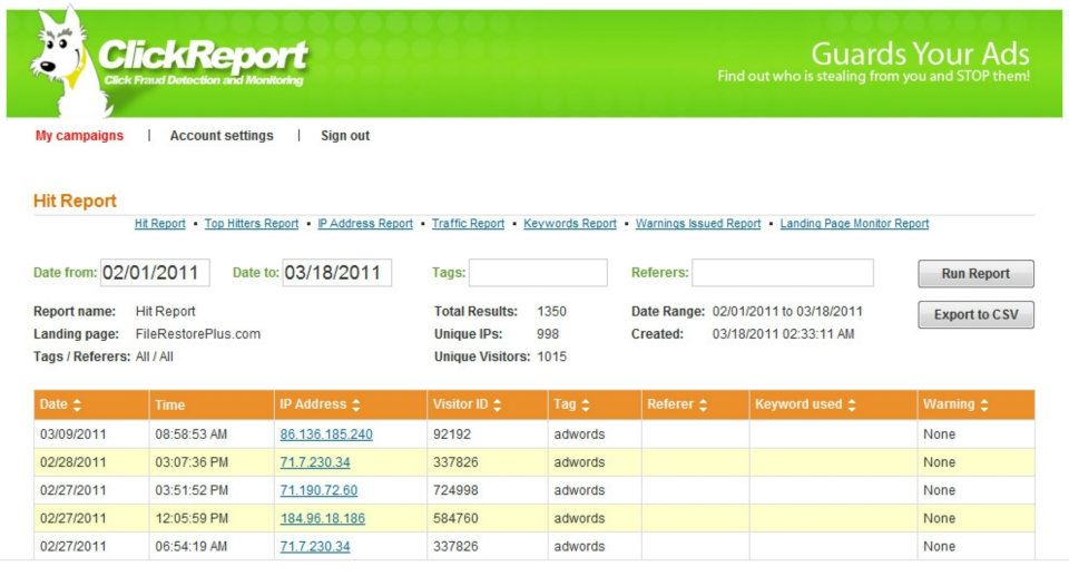 отчет по посещениям сайта в ClickReport