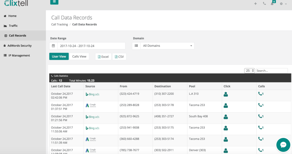 панель отслеживания звонков со списком звонков и их фильтрацией