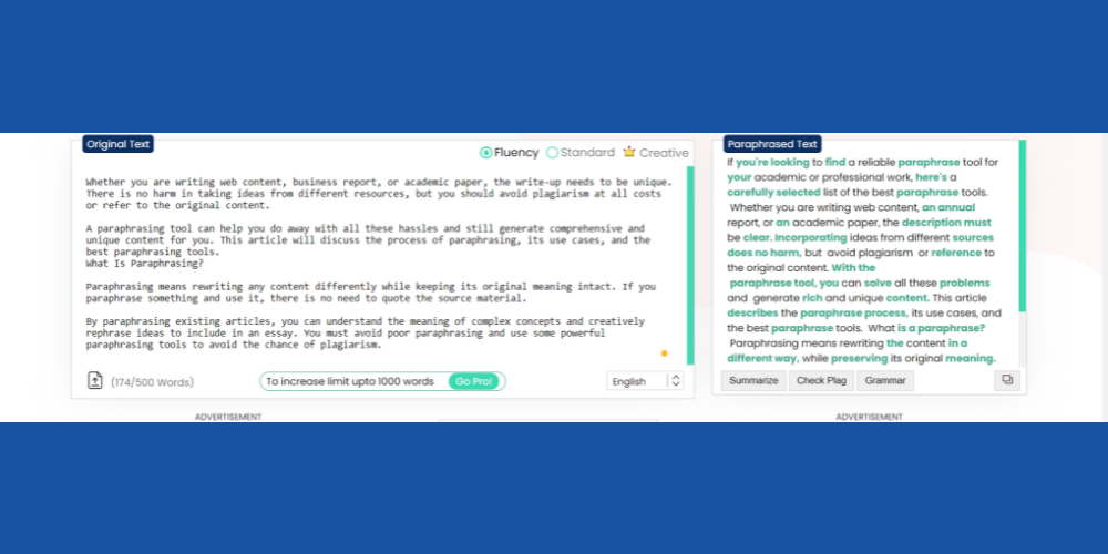 Paraphraser screenshot showing paraphrasing task