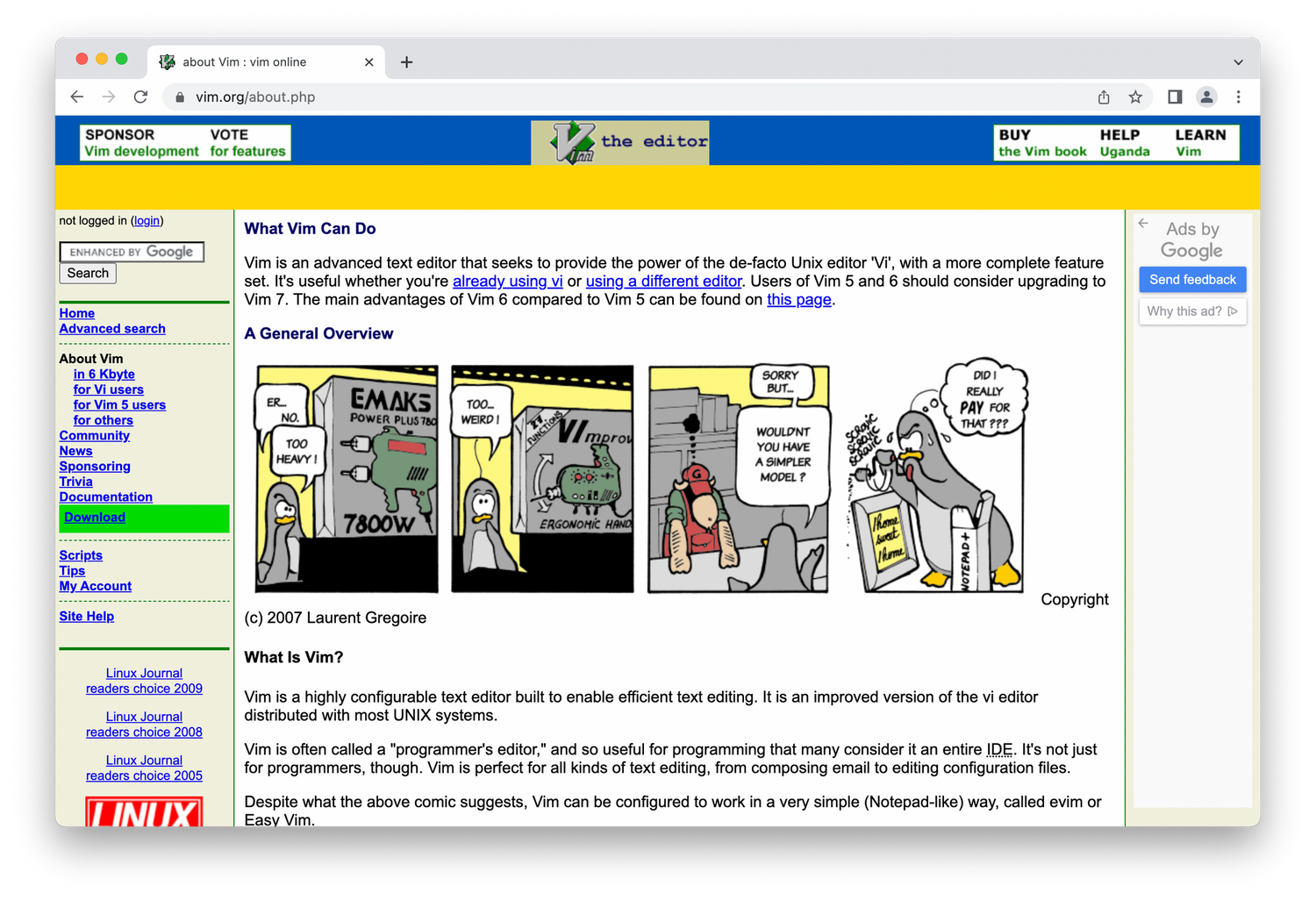 Vim homepage, comic with text on simple background