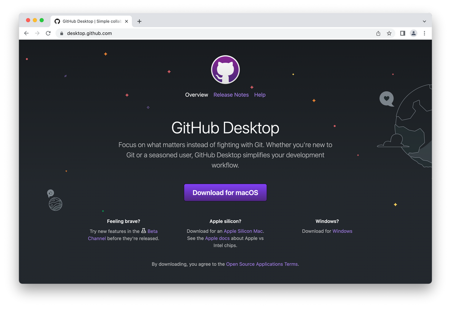 Github Desktop homepage, purple kitten logo on night sky background