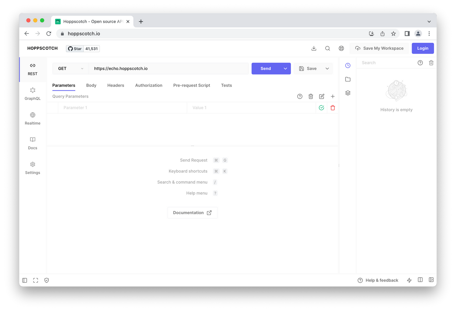 HoppScotch homepage, simple coding platform on white background