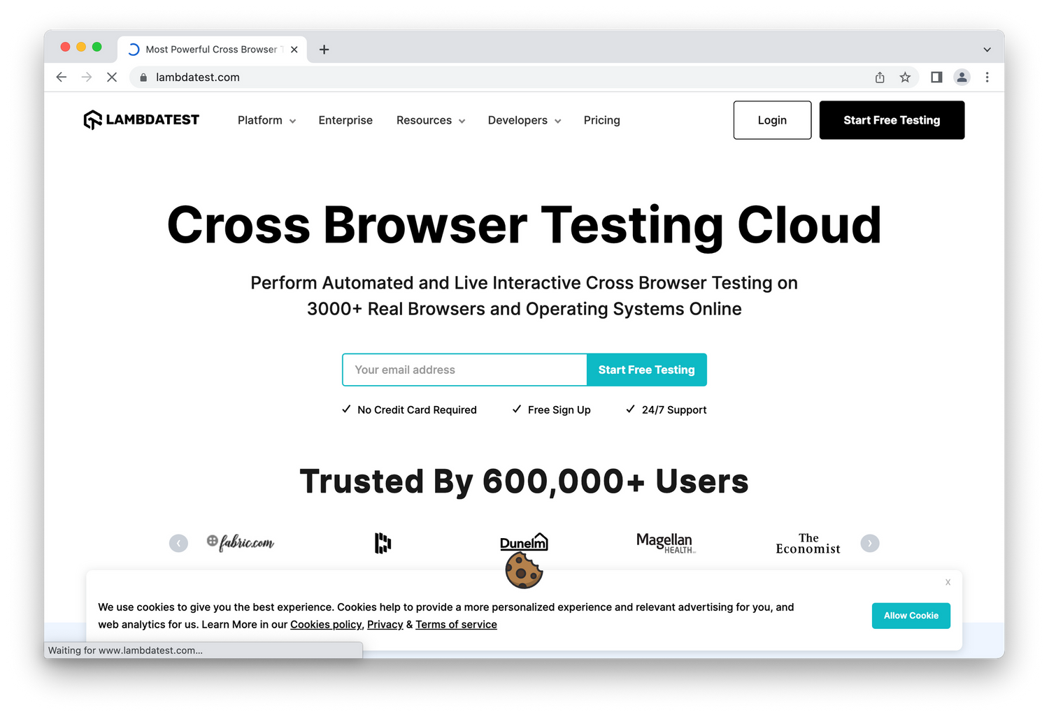 LambdaTest homepage, blue email signup on white background