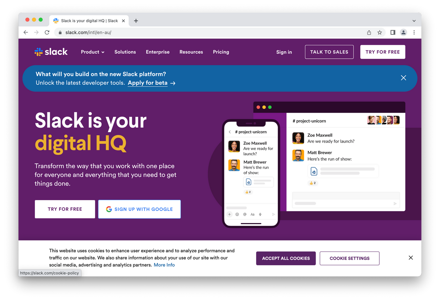 Slack homepage, screenshots of texts over purple background