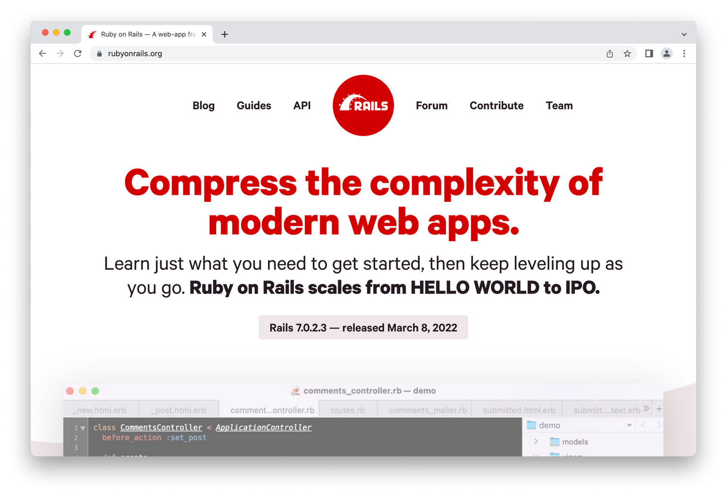 Ruby on Rails homepage, red font on white background