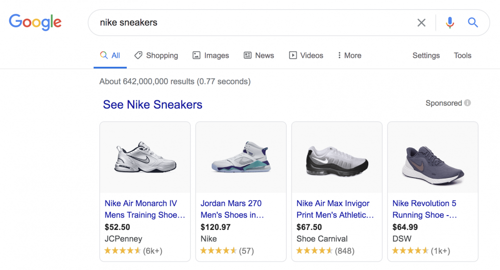 Пример рекламы Google Shopping