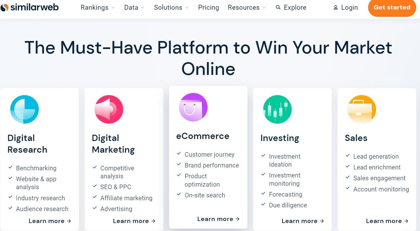 Домашняя страница Similarweb с заголовком "Необходимая платформа для завоевания вашего рынка в Интернете".