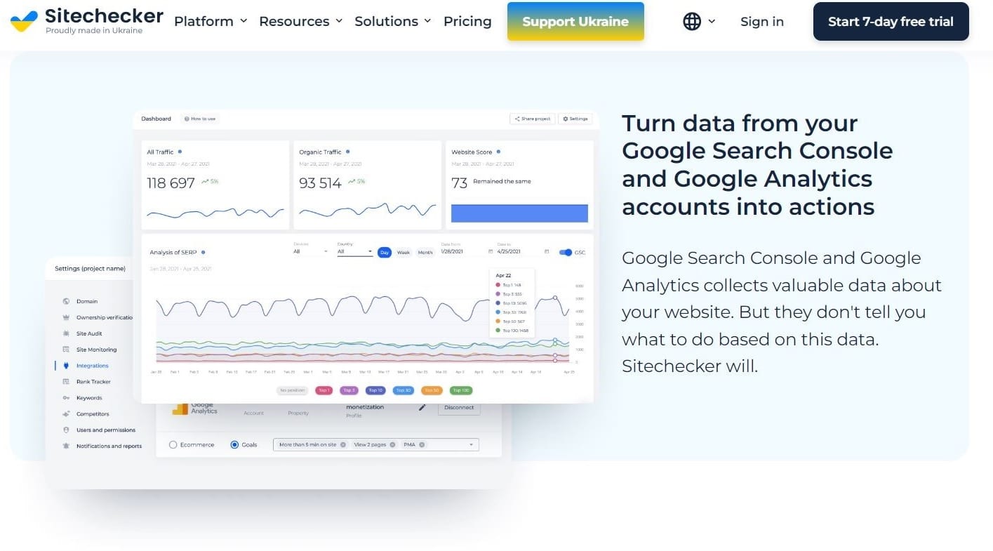 Домашняя страница Sitechecker со слоганом "Преобразуйте данные из вашей поисковой консоли Google и учетных записей Google Analytics в действия".
