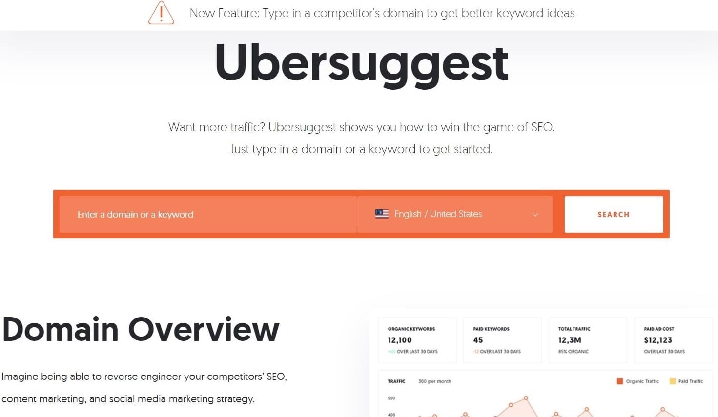 Главная страница Ubersuggest с большой оранжевой панелью поиска по домену.