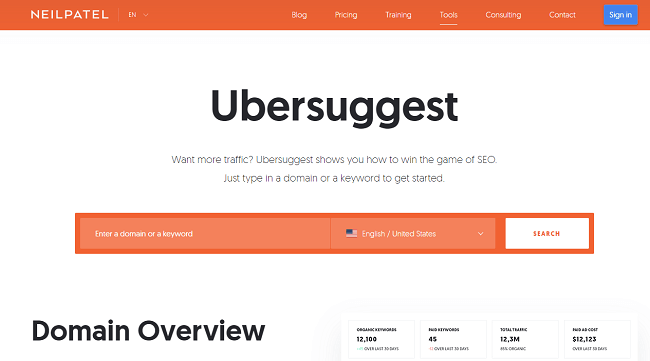 Ubersuggest Homepage