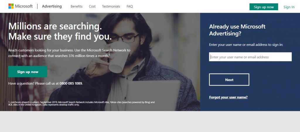веб-сайт рекламной сети Microsoft Advertising (Bing Ads)