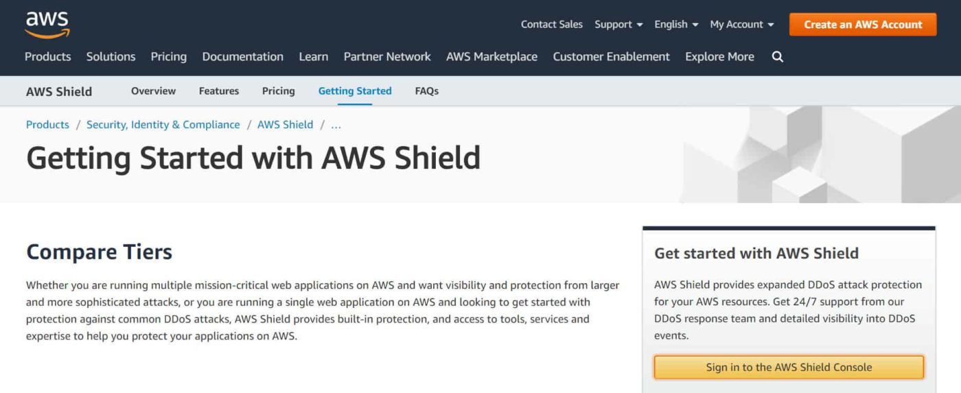 веб-страница с ознакомительными сведениями о AWS Shield на сайте разработчиков