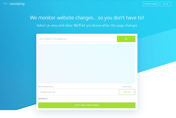 A screenshot of VisualPing's homepage.